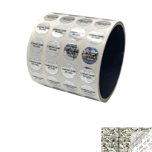 2,000 Silver Tamper Evident Security Hologram Round Label Seal Sticker, Circle 0.625" diameter (16mm). CustomPrinted. >Click on item details to Customize.