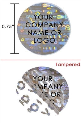 1,000 Silver Tamper Evident Security Hologram Round Label Seal Sticker, Circle 0.75" diameter (19mm). CustomPrinted. >Click on item details to Customize.