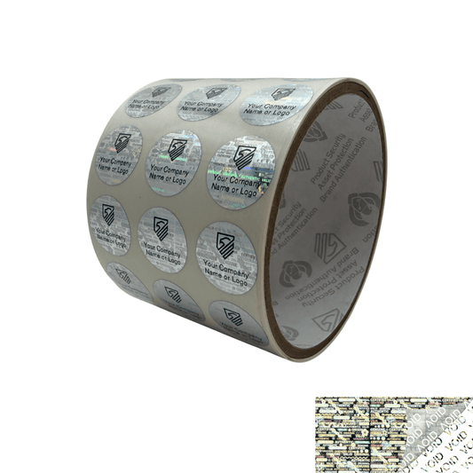 250 Silver Tamper Evident Security Hologram Round Label Seal Sticker, Circle 0.75" diameter (19mm). CustomPrinted. >Click on item details to Customize.