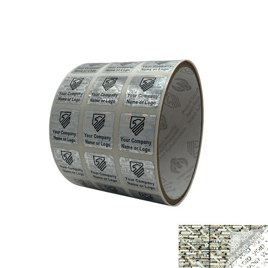 500 Silver Tamper Evident Security Holographic Label Seal Sticker, Square 0.75"(19mm). CustomPrinted. >Click on item details to Customize.