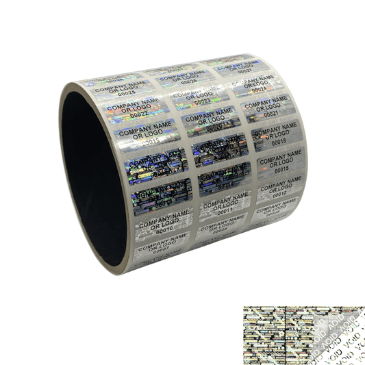 250 Silver Tamper Evident Security Holographic Label Seal Sticker, Rectangle 1" x 0.375" (25mm x 9mm). CustomPrinted. >Click on item details to Customize.