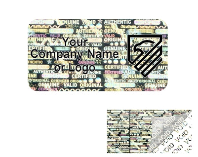 1,000 Silver Tamper Evident Security Holographic Label Seal Sticker, Rectangle 1" x 0.5" (25mm x 13mm). CustomPrinted. >Click on item details to Customize.