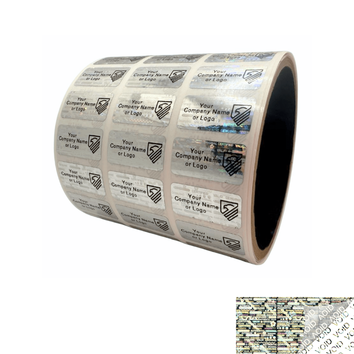 1,000 Silver Tamper Evident Security Holographic Label Seal Sticker, Rectangle 1" x 0.5" (25mm x 13mm). CustomPrinted. >Click on item details to Customize.