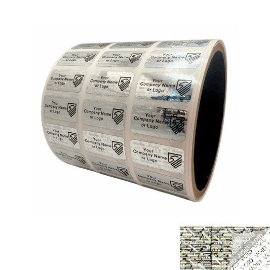 250 Silver Tamper Evident Security Holographic Label Seal Sticker, Rectangle 1" x 0.5" (25mm x 13mm). CustomPrinted. >Click on item details to Customize.