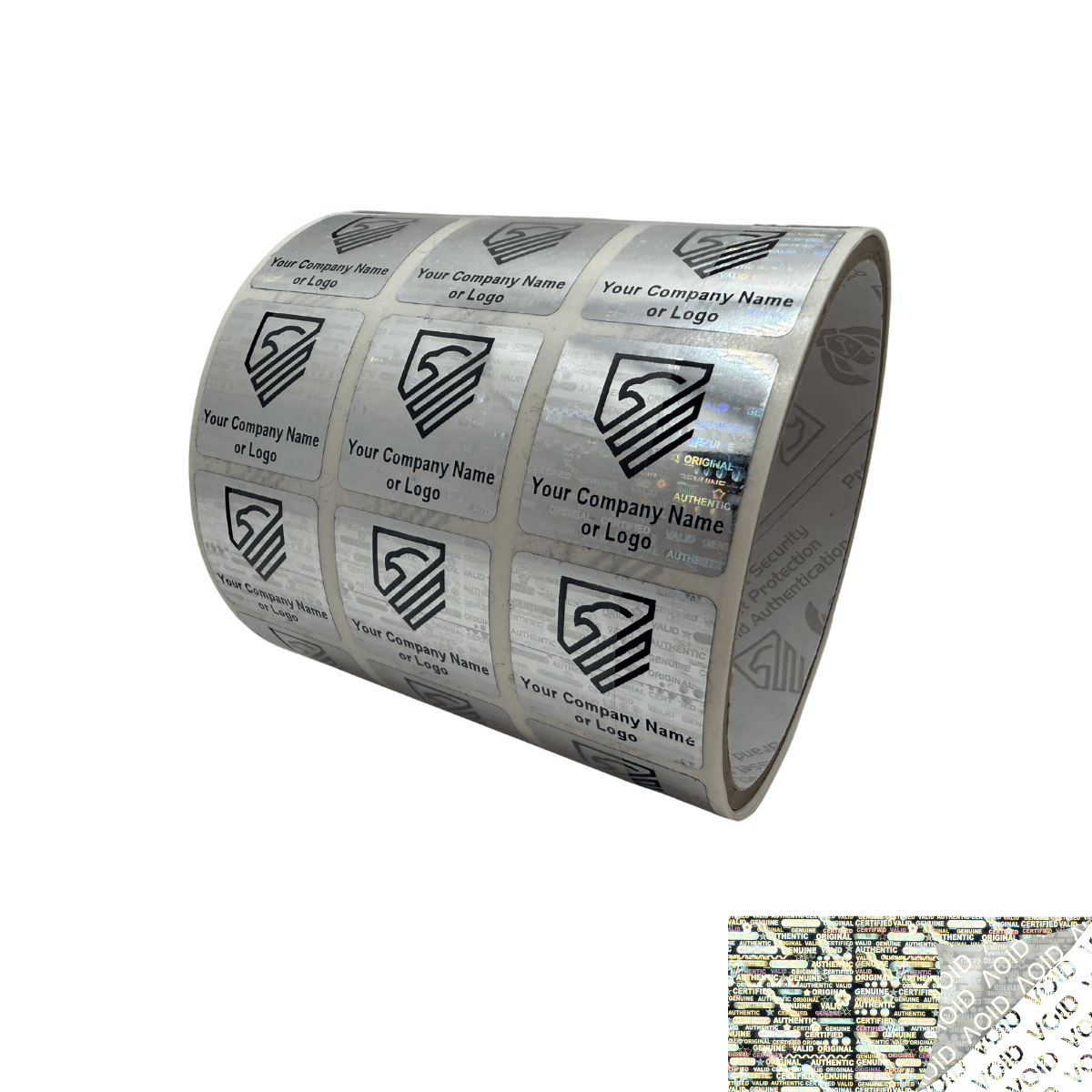 10,000 Silver Tamper Evident Security Holographic Label Seal Sticker, Square 1" x 1" (25mm x 25mm). CustomPrinted. >Click on item details to Customize.