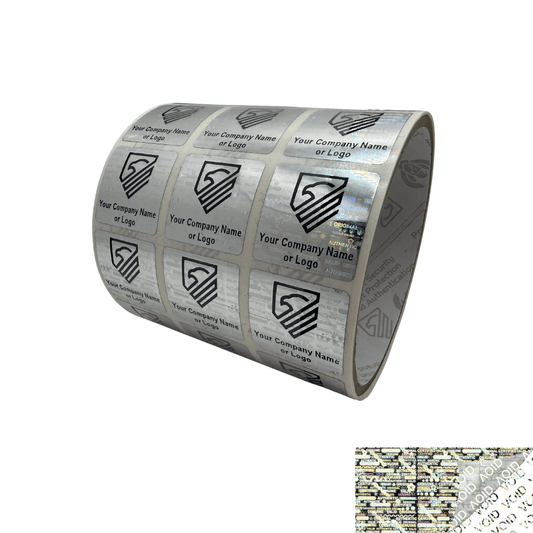 500 Silver Tamper Evident Security Hologram Label Seal Sticker, Square 1" x 1" (25mm x 25mm). CustomPrinted. >Click on item details to Customize.
