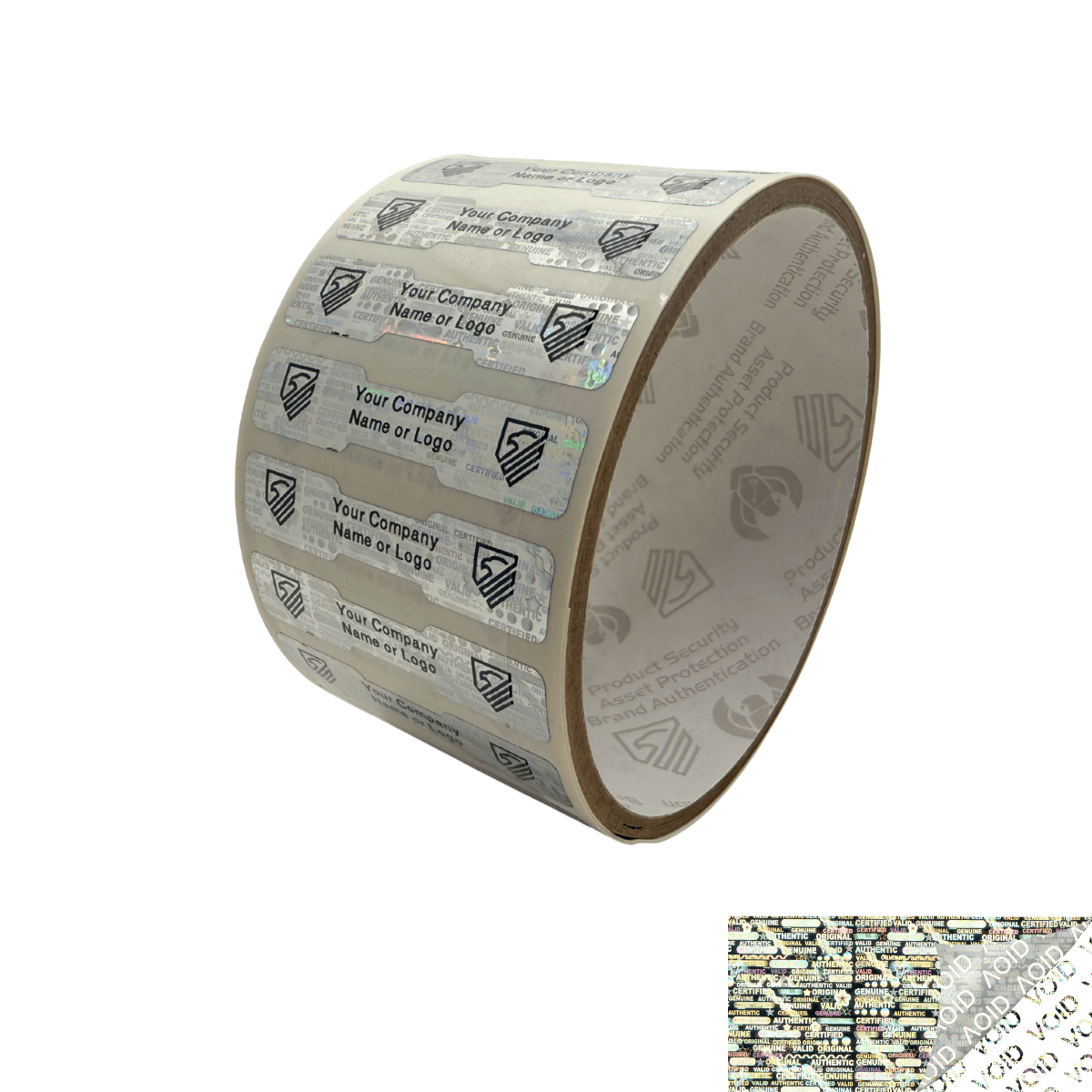 500 Silver Tamper Evident Security Hologram Label Seal Sticker, Dogbone 1.75" x 0.375" (44mm x 9mm). CustomPrinted. >Click on item details to Customize.
