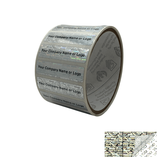 500 Tamper Evident Holographic Bright Silver Security Label Seal Sticker, Rectangle 2" x 0.5" (51mm x 13mm). Custom Print. >Click on item details to customize it.