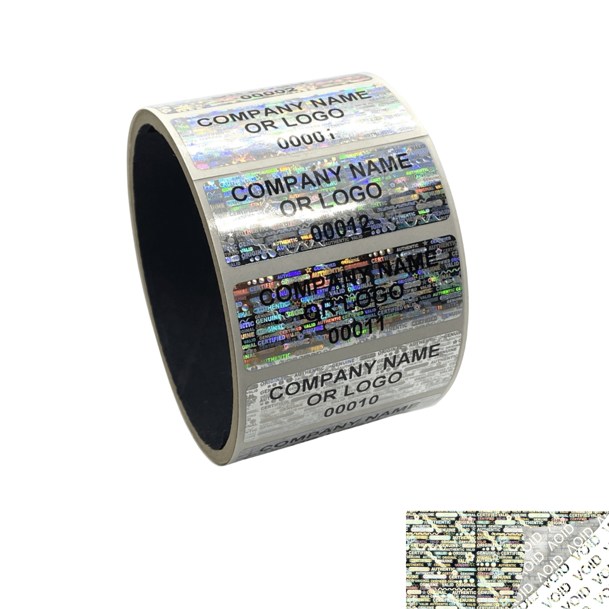 10,000 Silver Tamper Evident Security Hologram Label Seal Sticker, Rectangle 2" x 0.75" (51mm x 19mm). CustomPrinted. >Click on item details to Customize.