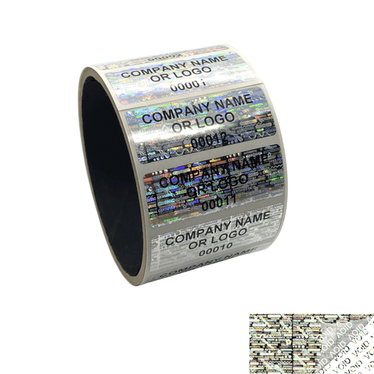 500 Silver Tamper Evident Security Holographic Label Seal Sticker, Rectangle 2" x 0.75" (51mm x 19mm). CustomPrinted. >Click on item details to Customize.