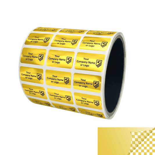 2,000 Tamper Evident Security Labels Gold TamperVoidPro Seal Sticker, Rectangle 1" x 0.5" (25mm x 13mm). Custom Printed. >Click on item details to customize.
