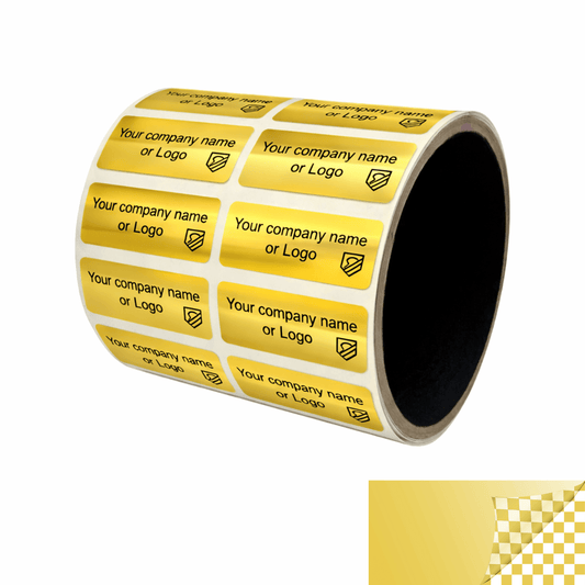 250 Tamper Evident Security Labels Gold TamperVoidPro Seal Sticker, Rectangle 1.5" x 0.6" (38mm x 15mm). Custom Printed. >Click on item details to customize.