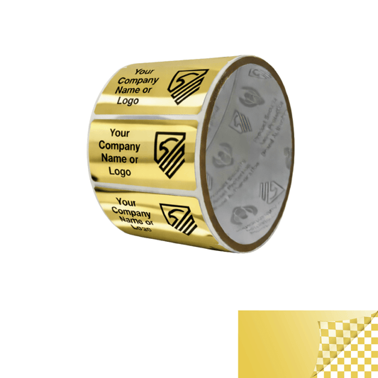 250 Tamper Evident Security Labels Gold TamperVoidPro Seal Sticker, Rectangle 2" x 1" (51mm x 25mm). Custom Printed. >Click on item details to customize.