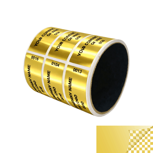 5,000 Tamper Evident Security Labels Gold TamperVoidPro Seal Sticker, Rectangle 2.75" x 1" (70mm x 25mm). Custom Printed. >Click on item details to customize.