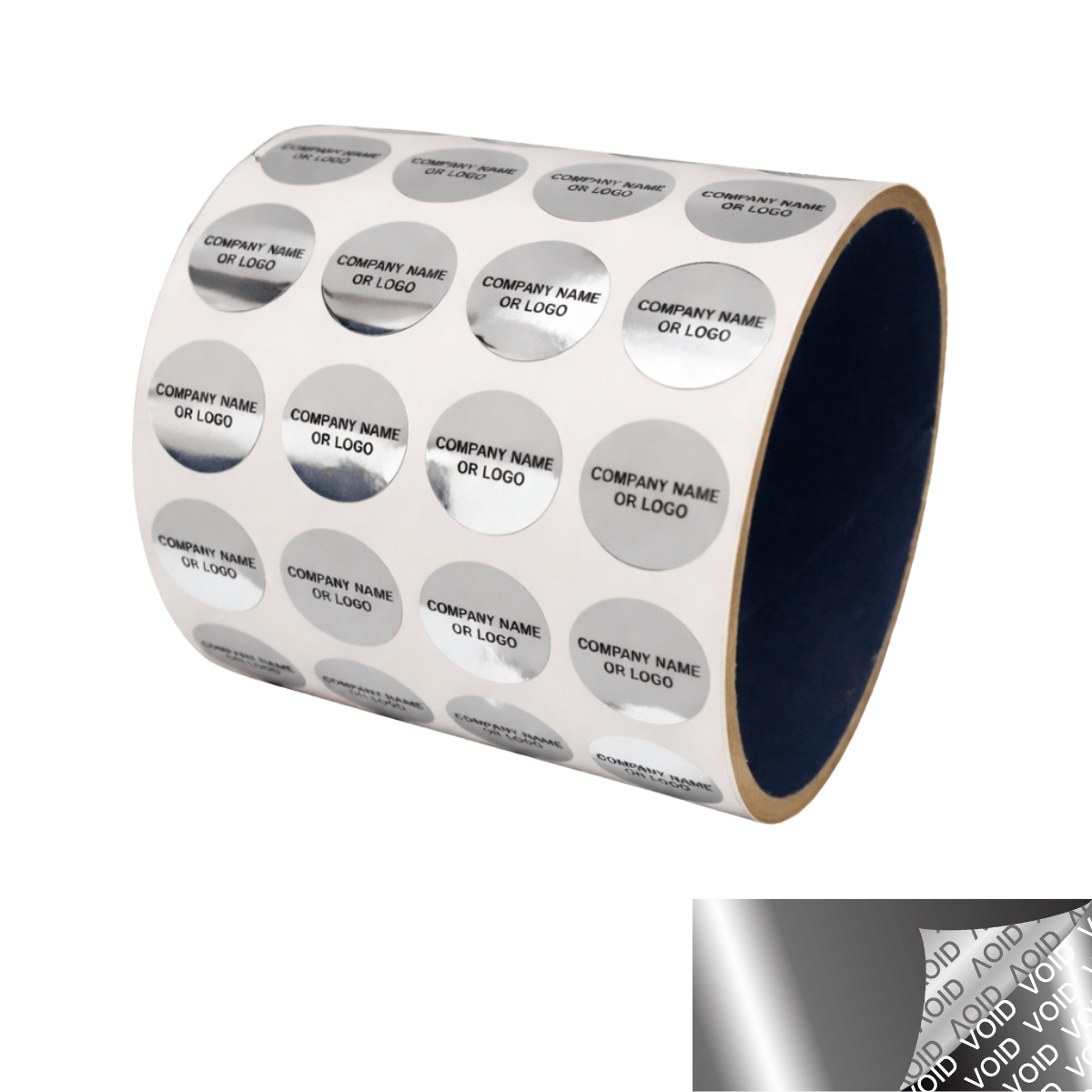 1,000 Metallic Tamper Evident Security Labels Silver Chrome TamperVoidPro Seal Sticker, Round/ Circle 0.625" diameter (16mm). Custom Printed. >Click on item details to customize.