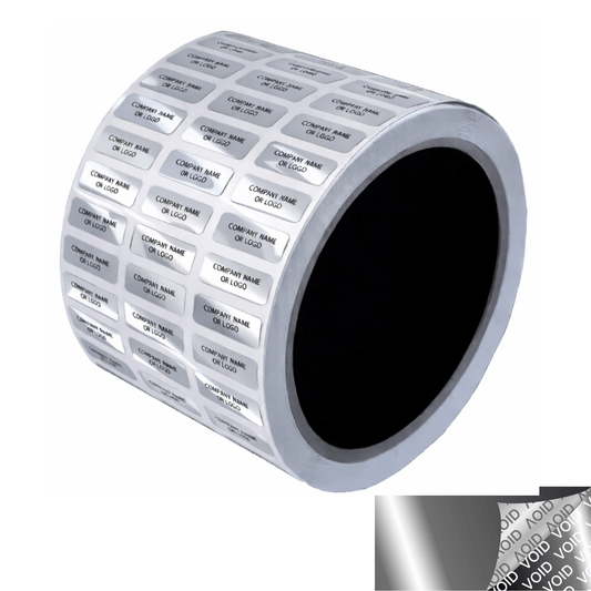 10,000 Metallic Tamper Evident Security Labels Silver Chrome TamperVoidPro Seal Sticker, Rectangle 0.75" x 0.25" (19mm x 6mm). Custom Printed. >Click on item details to customize.