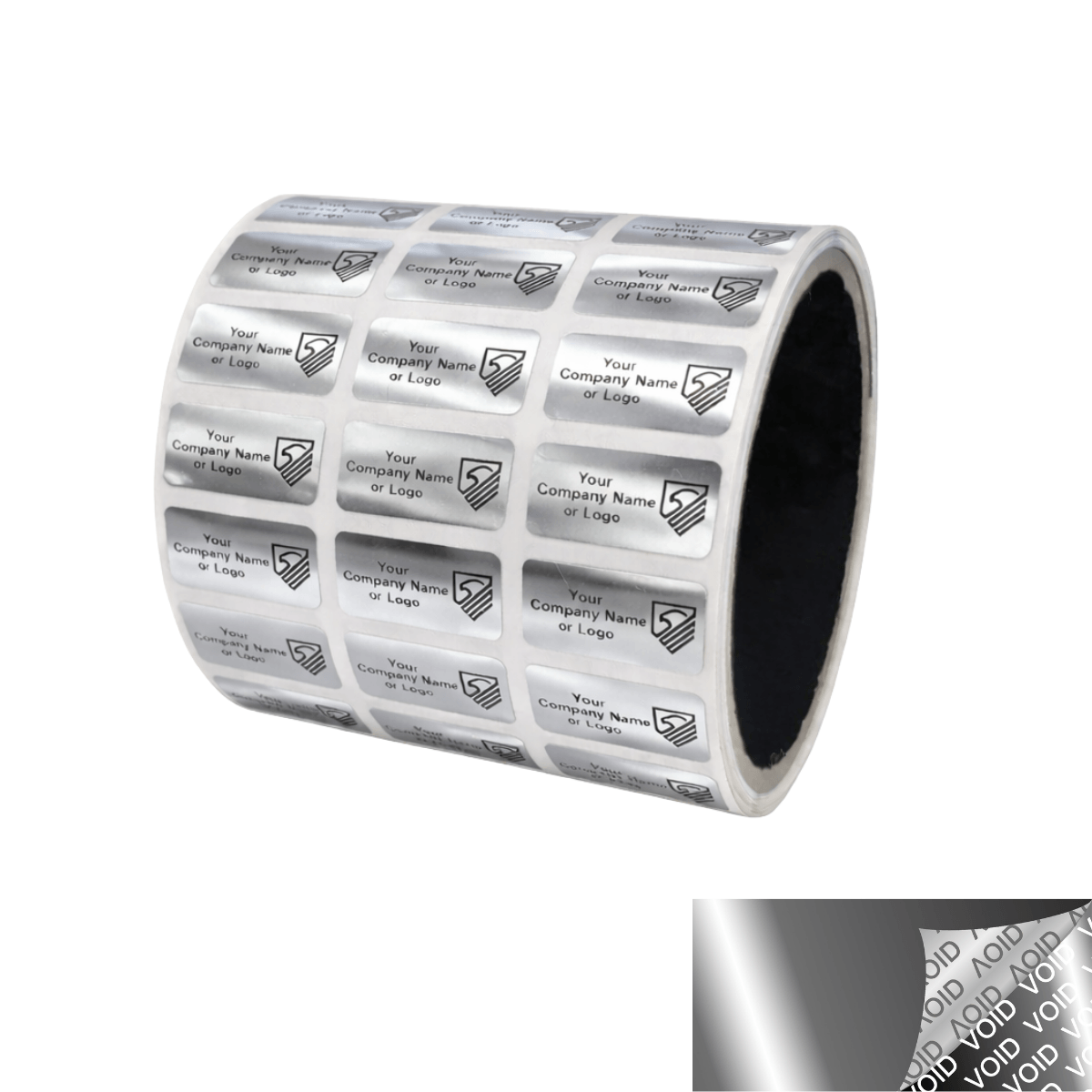 2,000 Metallic Tamper Evident Security Labels Silver Chrome TamperVoidPro Seal Sticker, Rectangle 1" x 0.5" (25mm x 13mm). Custom Printed. >Click on item details to customize.