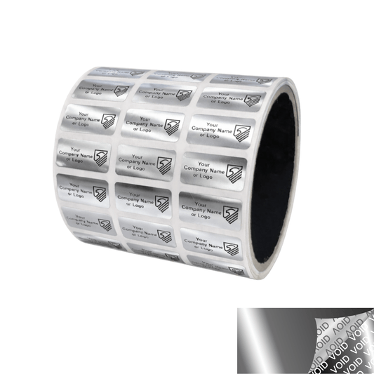 2,000 Metallic Tamper Evident Security Labels Silver Chrome TamperVoidPro Seal Sticker, Rectangle 1" x 0.5" (25mm x 13mm). Custom Printed. >Click on item details to customize.