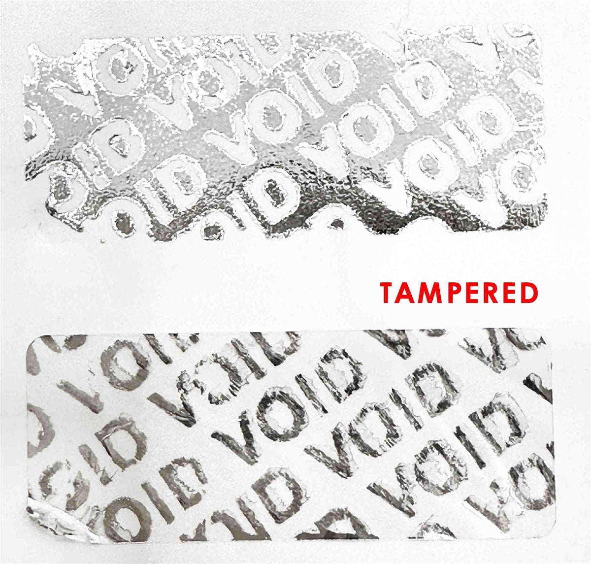 250 Metallic Tamper Evident Security Labels Silver Chrome TamperVoidPro Seal Sticker, Rectangle 1.5" x 0.6" (38mm x 15mm). Custom Printed. >Click on item details to customize.