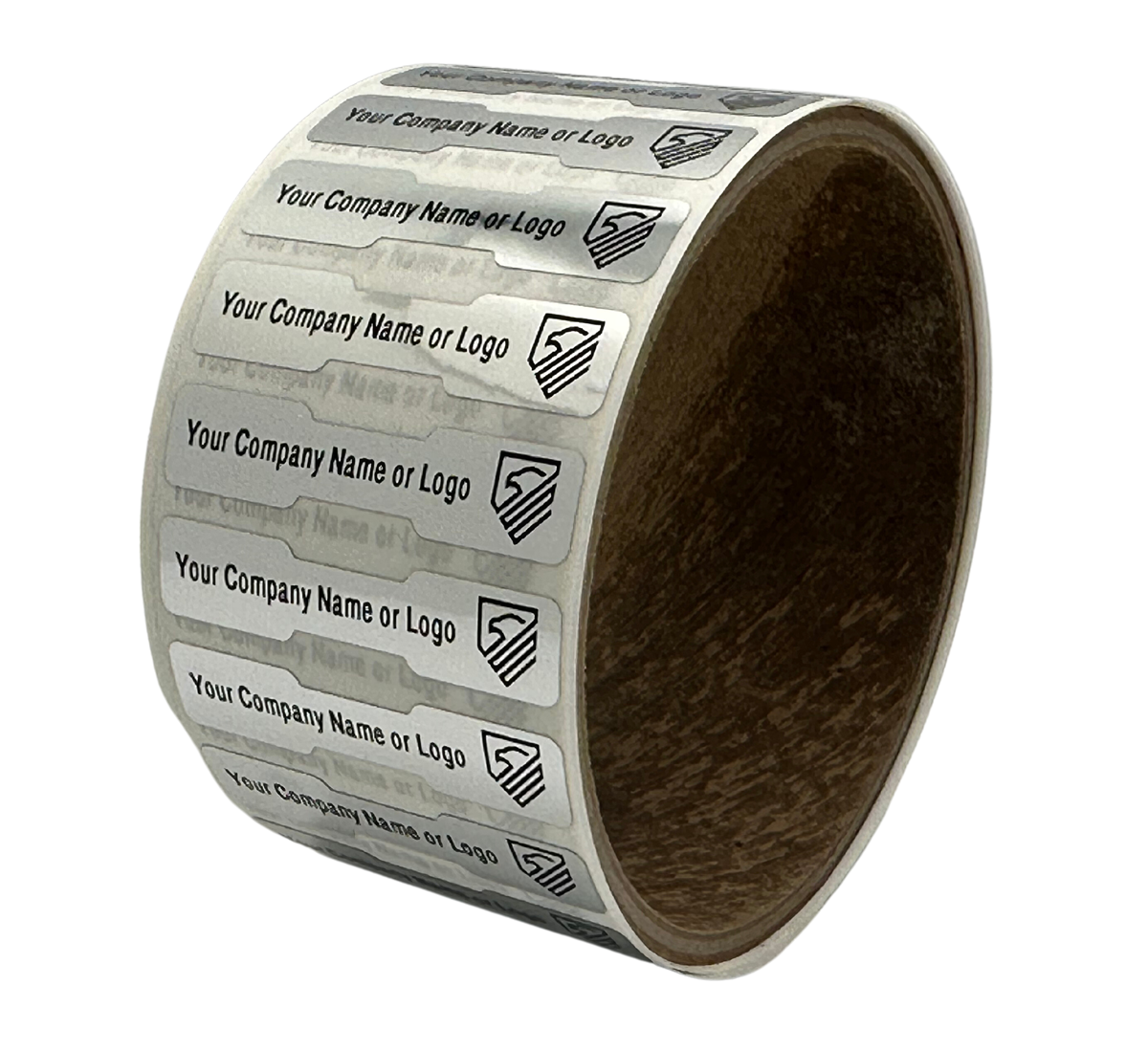 1,000 Tamper Evident Security Labels Silver Chrome TamperVoidPro Seal Sticker, Dogbone Shape Size 1.75" x 0.375 (44mm x 9mm). Custom Printed. >Click on item details to customize.