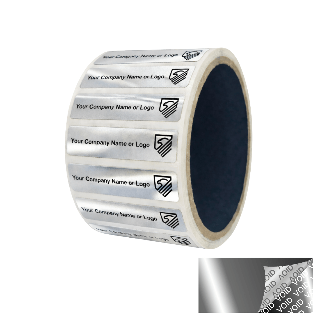 1,000 Tamper Evident Security Labels Silver Chrome TamperVoidPro Seal Sticker, Rectangle 2" x 0.5" (51mm x 13mm). Custom Printed. >Click on item details to customize.