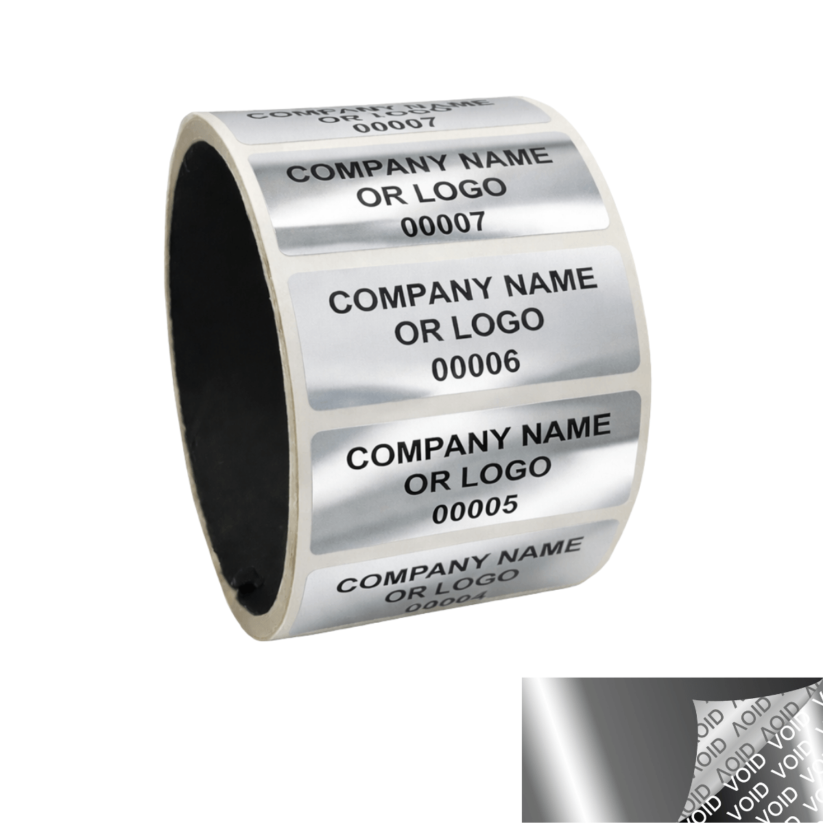 2,000 Metallic Tamper Evident Security Labels Silver Chrome TamperVoidPro Seal Sticker, Rectangle 2" x 0.75" (51mm x 19mm). Custom Printed. >Click on item details to customize.