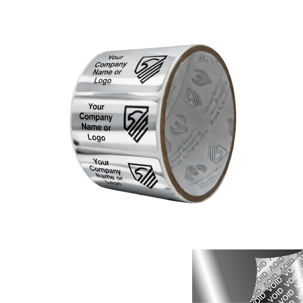 10,000 Metallic Tamper Evident Security Labels Silver Chrome TamperVoidPro Seal Sticker, Rectangle 2" x 1" (51mm x 25mm). Custom Printed. >Click on item details to customize.