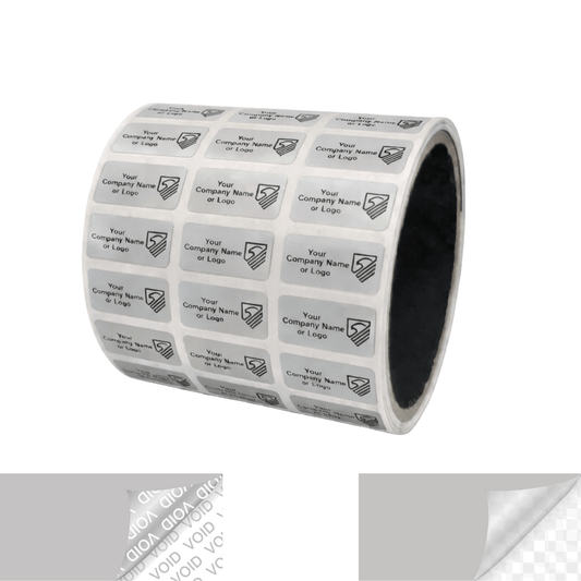 250 Metallic Tamper Evident Security Labels Silver Matte TamperVoidPro Seal Sticker, Rectangle 0.1" x 0.5" (25mm x 13mm). Custom Printed. >Click on item details to customize.