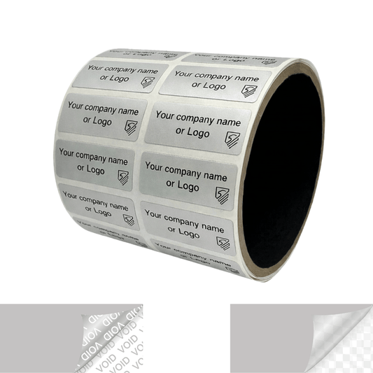 2,000 Metallic Tamper Evident Security Labels Silver Matte TamperVoidPro Seal Sticker, Rectangle 1.5" x 0.6" (38mm x 15mm). Custom Printed. >Click on item details to customize.