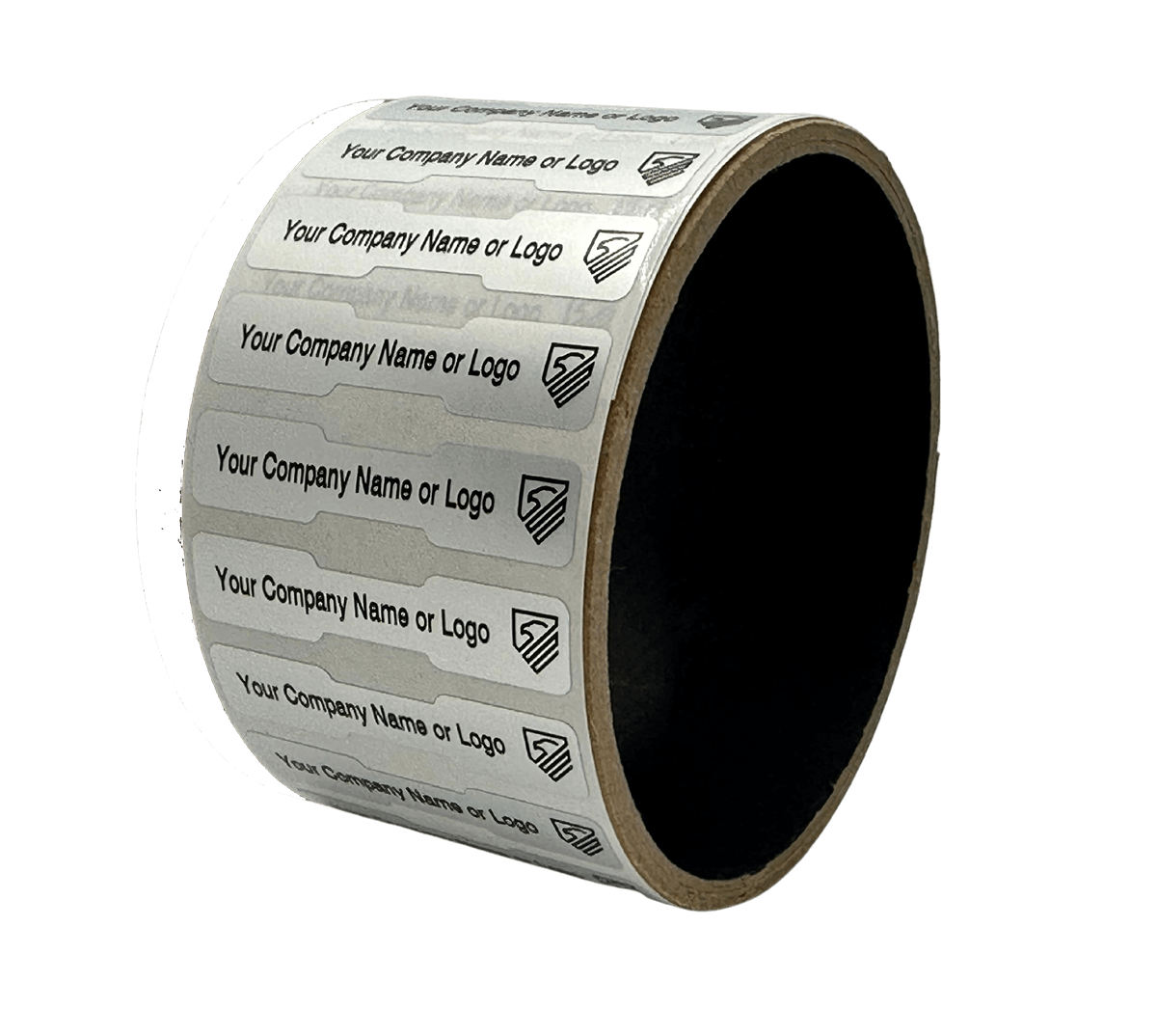 500 Tamper Evident Security Labels Silver Matte TamperVoidPro Seal Sticker, Dogbone Shape Size 1.75" x 0.375 (44mm x 9mm). Custom Printed. >Click on item details to customize.