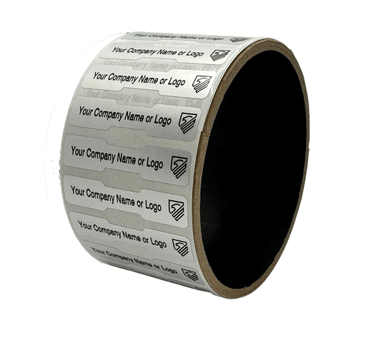 5,000 Tamper Evident Security Labels Silver Matte TamperVoidPro Seal Sticker, Dogbone Shape Size 1.75" x 0.375 (44mm x 9mm). Custom Printed. >Click on item details to customize.