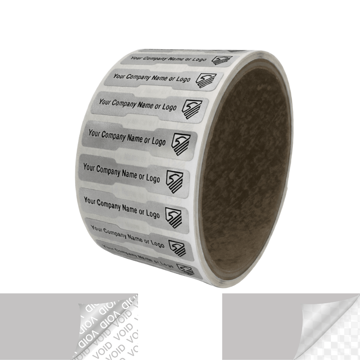 5,000 Tamper Evident Security Labels Silver Matte TamperVoidPro Seal Sticker, Dogbone Shape Size 1.75" x 0.375 (44mm x 9mm). Custom Printed. >Click on item details to customize.