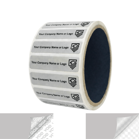 10,000 Tamper Evident Security Labels Silver Matte TamperVoidPro Seal Sticker, Rectangle 2" x 0.5" (51mm x 13mm). Custom Printed. >Click on item details to customize.