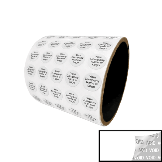 1,000 Tamper Evident Security Labels White TamperVoidPro Seal Sticker, Round/ Circle 0.5" diameter (13mm). Custom Printed. >Click on item details to customize.