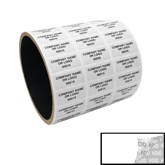 500 Tamper Evident Security Labels White TamperVoidPro Seal Sticker, Rectangle 1" x 0.375" (25mm x 9mm). Custom Printed. >Click on item details to customize.