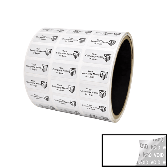 500 Tamper Evident Security Labels White TamperVoidPro Seal Sticker, Rectangle 1" x 0.5" (25mm x 13mm). Custom Printed. >Click on item details to customize.