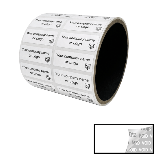 500 Tamper Evident Security Labels White TamperVoidPro Seal Sticker, Rectangle 1.5" x 0.6" (38mm x 15mm). Custom Printed. >Click on item details to customize.