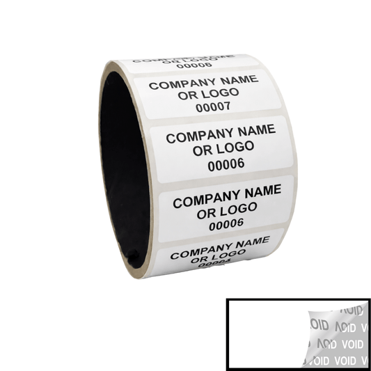 10,000 Tamper Evident Security Labels White TamperVoidPro Seal Sticker, Rectangle 2" x 0.75" (51mm x 19mm). Custom Printed. >Click on item details to customize.