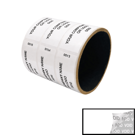 10,000 Tamper Evident Security Labels White TamperVoidPro Seal Sticker, Rectangle 2.75" x 1" (70mm x 25mm). Custom Printed. >Click on item details to customize.