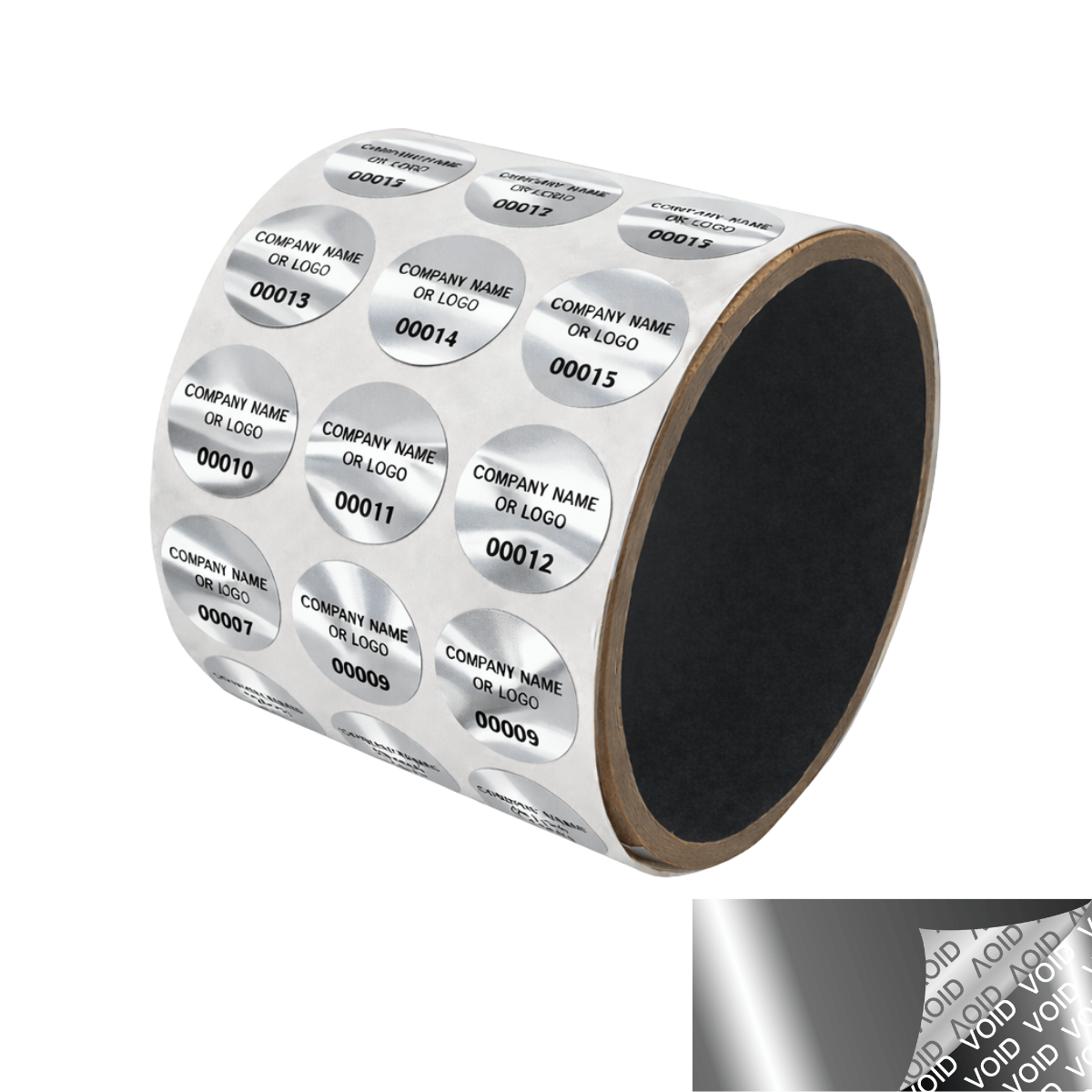 5,000 Metallic Tamper Evident Security Labels Silver Bright TamperVoid® Seal Sticker, Round/ Circle 0.75" diameter (19mm). Custom Printed. >Click on item details to customize.