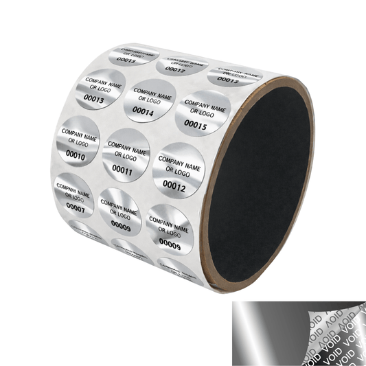 250 Metallic Tamper Evident Security Labels Silver Bright TamperVoid® Seal Sticker, Round/ Circle 0.75" diameter (19mm). Custom Printed. >Click on item details to customize.
