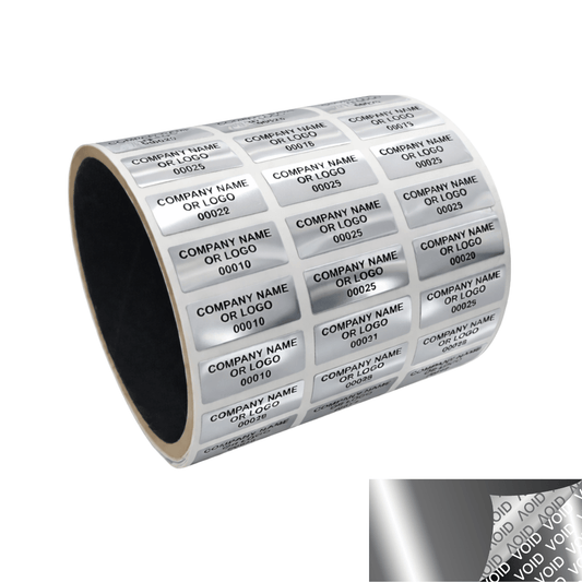 10,000 Metallic Tamper Evident Security Labels Silver Bright TamperVoid® Seal Sticker, Rectangle 0.75" x 0.25" (19mm x 6mm). Custom Printed. >Click on item details to customize.