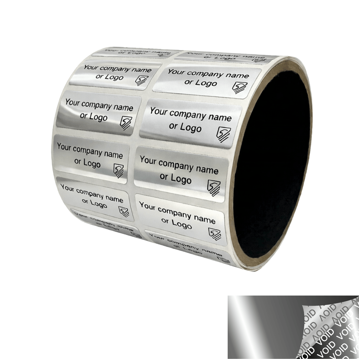 1,000 Metallic Tamper Evident Security Labels Silver Bright TamperVoid® Seal Sticker, Rectangle 1.5" x 0.6" (38mm x 15mm). Custom Printed. >Click on item details to customize.