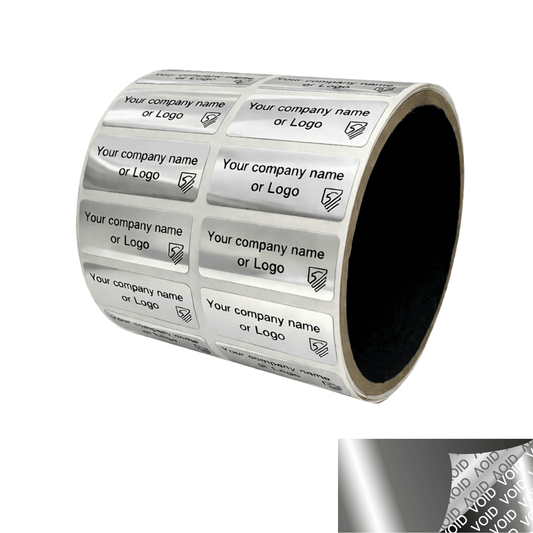 500 Metallic Tamper Evident Security Labels Silver Bright TamperVoid® Seal Sticker, Rectangle 1.5" x 0.6" (38mm x 15mm). Custom Printed. >Click on item details to customize.