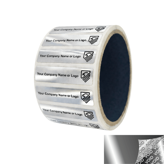 5,000 Silver Bright TamperVoid® Metallic Tamper Evident Security Labels Seal Sticker, Rectangle 2" x 0.5" (51mm x 13mm). Custom Print. >Click on item details to customize it.