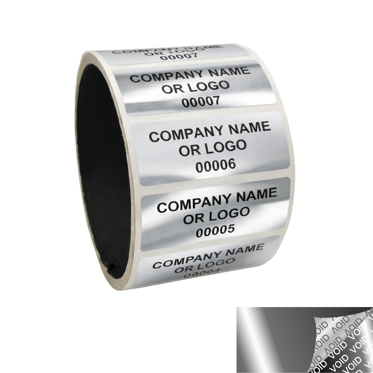 2,000 Metallic Tamper Evident Security Labels Silver Bright TamperVoid® Seal Sticker, Rectangle 2" x 0.75" (51mm x 19mm). Custom Printed. >Click on item details to customize.