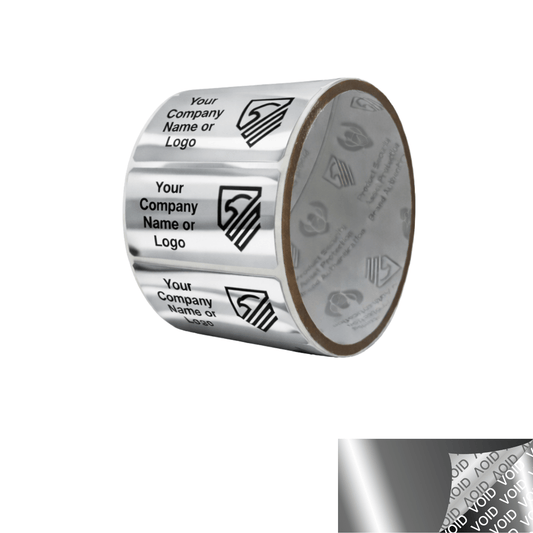 2,000 Metallic Tamper Evident Security Labels Silver Bright TamperVoid® Seal Sticker, Rectangle 2" x 1" (51mm x 25mm). Custom Printed. >Click on item details to customize.
