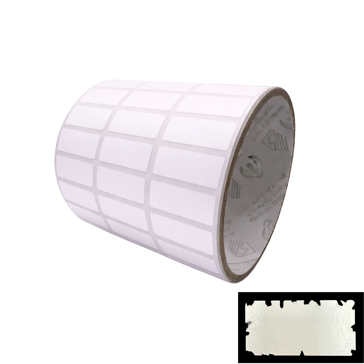 250 Destructible White Security Labels 1" x 0.375" (25mm x 9mm).