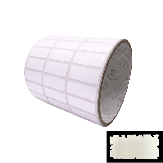 250 Destructible White Security Labels 1" x 0.375" (25mm x 9mm).