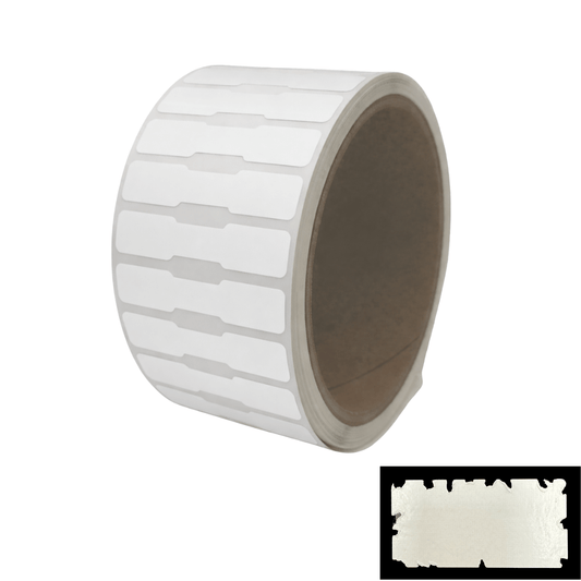 500 White Destructible Security Labels Dog Bone Shape 1.75" x 0.375" (44mm x 9mm).